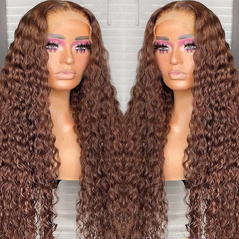 JYZ 4# Deep Wave Brazilian Human Hair Transparent Lace Frontal Wigs