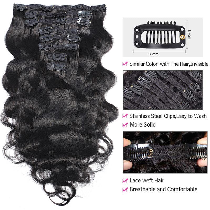 JYZ Body Wave Clip in Hair Extensions for Black Women Body Wave Human Hair Clip in Hair Extensions Natural Black Color Brazilian Virgin Hair - JYZ HAIR