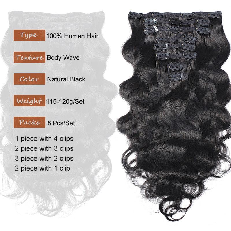 JYZ Body Wave Clip in Hair Extensions for Black Women Body Wave Human Hair Clip in Hair Extensions Natural Black Color Brazilian Virgin Hair - JYZ HAIR