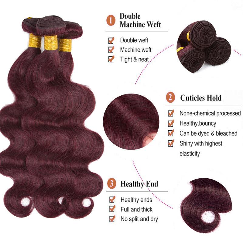 JYZ Burgundy# Body Wave Raw Virgin Hair Weave Extensions 3 Bundles/Pack - JYZ HAIR