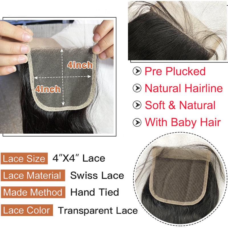 JYZ Brazilian Body Wave 3 Bundles/Pack with Swiss Transparent Lace Closure - JYZ HAIR