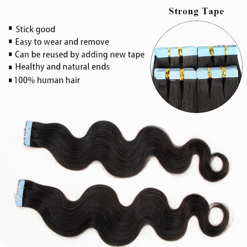 JYZ Body Wave Tape In Human Hair Extensions 100% Remy Virgin Hair Extension Adhesive Invisible Brazilian Hair Tape Ins 2.5g/Piece - JYZ HAIR