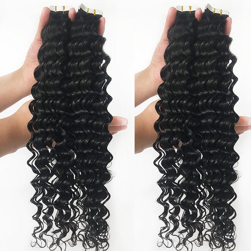 JYZ Deep Wave Tape in Hair Extensions Natural Tape on Hair Extensions Jet Black Real Human Hair Invisible Tape Hair for Women - JYZ HAIR