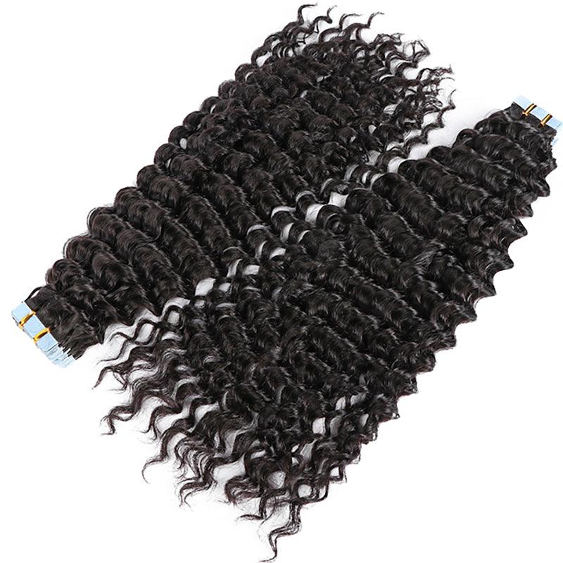 JYZ Deep Wave Tape in Hair Extensions Natural Tape on Hair Extensions Jet Black Real Human Hair Invisible Tape Hair for Women