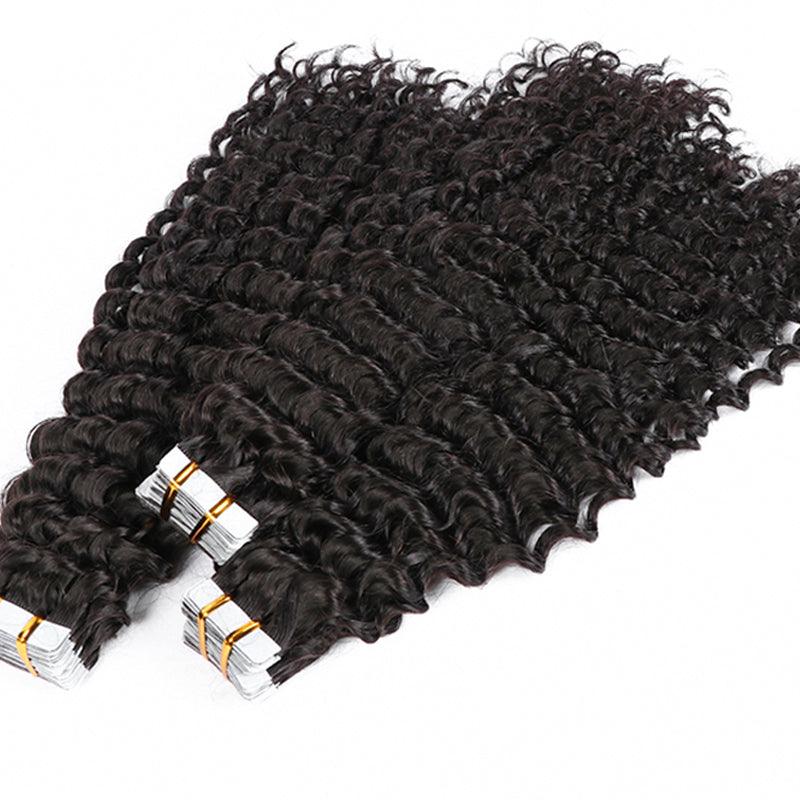 JYZ Deep Wave Tape in Hair Extensions Natural Tape on Hair Extensions Jet Black Real Human Hair Invisible Tape Hair for Women - JYZ HAIR