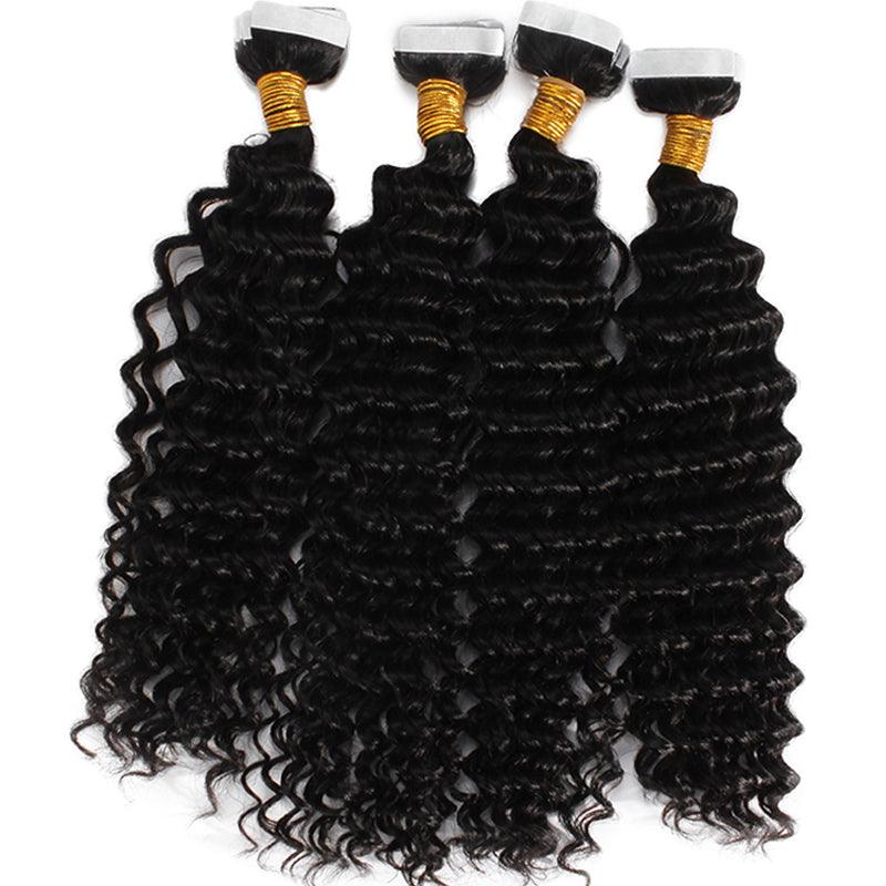 JYZ Deep Wave Tape in Hair Extensions Natural Tape on Hair Extensions Jet Black Real Human Hair Invisible Tape Hair for Women - JYZ HAIR
