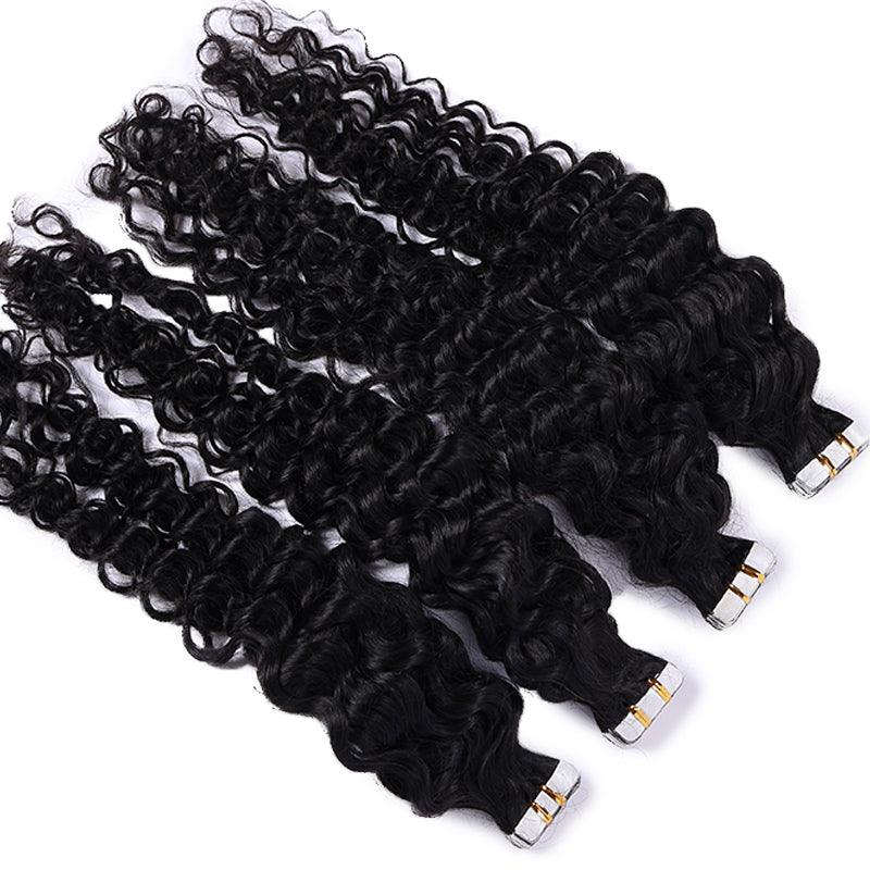JYZ Deep Wave Tape in Hair Extensions Natural Tape on Hair Extensions Jet Black Real Human Hair Invisible Tape Hair for Women - JYZ HAIR