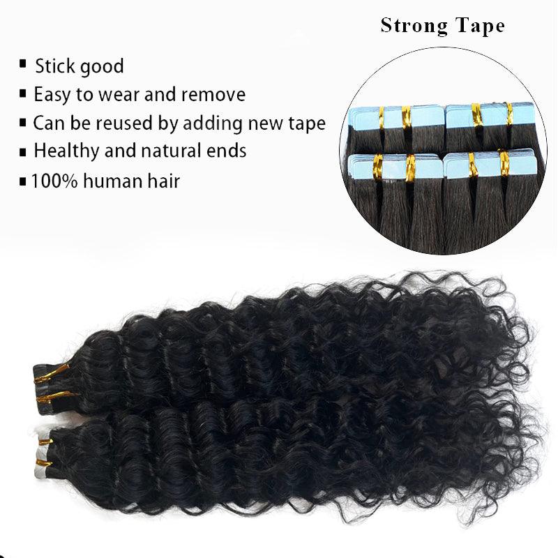 JYZ Deep Wave Tape in Hair Extensions Natural Tape on Hair Extensions Jet Black Real Human Hair Invisible Tape Hair for Women - JYZ HAIR