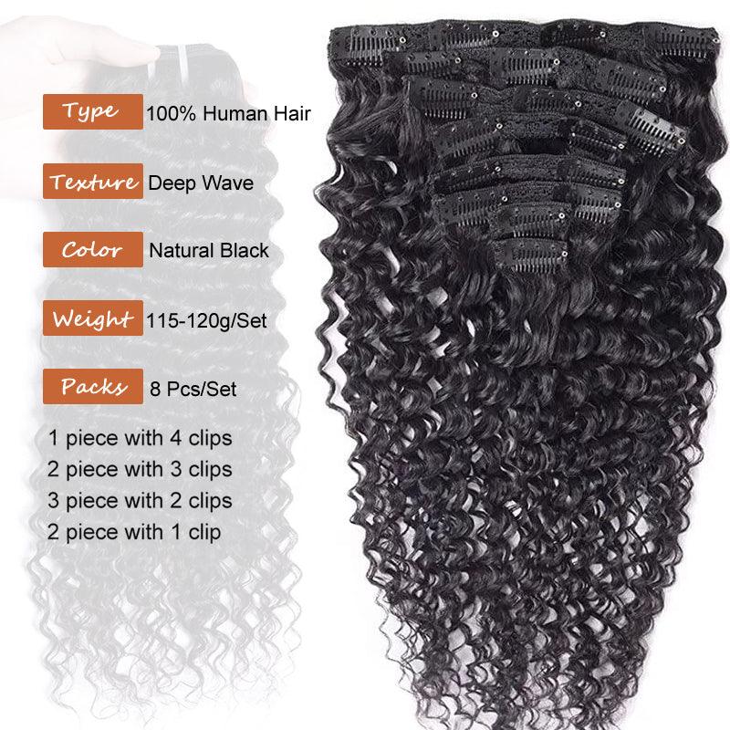 JYZ Clip in Hair Extensions Real Human Hair Deep Wave 8 Pcs/Set Brazilian Human Hair Clip in Extensions with 18 Clips Double Lace Weft 120g #1B Natural Black - JYZ HAIR