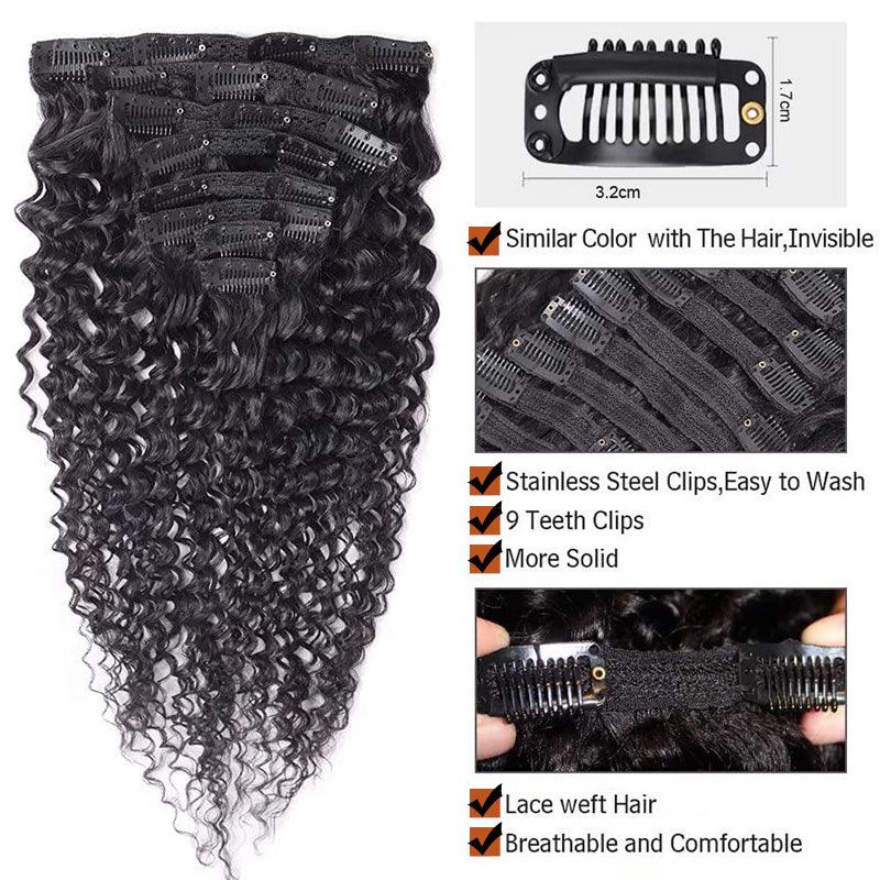 JYZ Clip in Hair Extensions Real Human Hair Deep Wave 8 Pcs/Set Brazilian Human Hair Clip in Extensions with 18 Clips Double Lace Weft 120g #1B Natural Black - JYZ HAIR