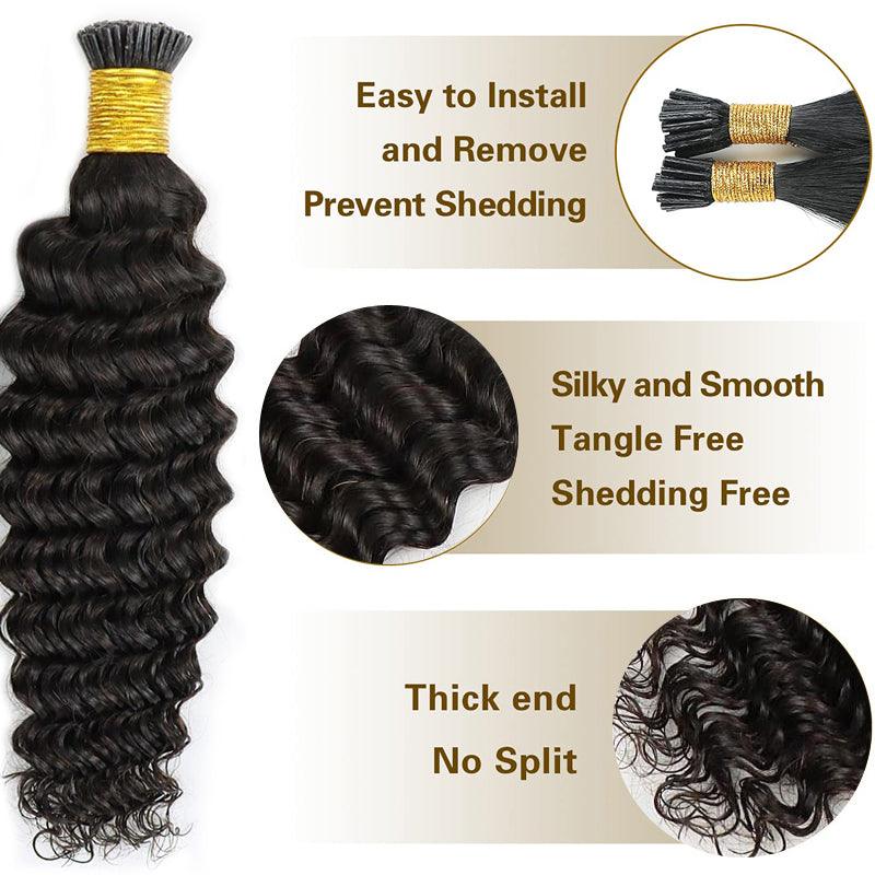 JYZ Deep Wave I Tip Hair Extensions Human Hair Brazilian Pre Bonded 100% Keratin Human Hair Extensions 1g/Strand Stick Tip Hair extensions - JYZ HAIR
