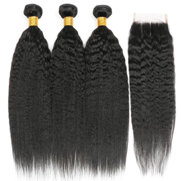 JYZ Brazilian Virgin Kinky Straight Human Hair 3 Bundles with Swiss Lace Closure