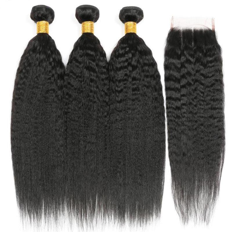 JYZ Brazilian Virgin Kinky Straight Human Hair 3 Bundles with Swiss Lace Closure - JYZ HAIR