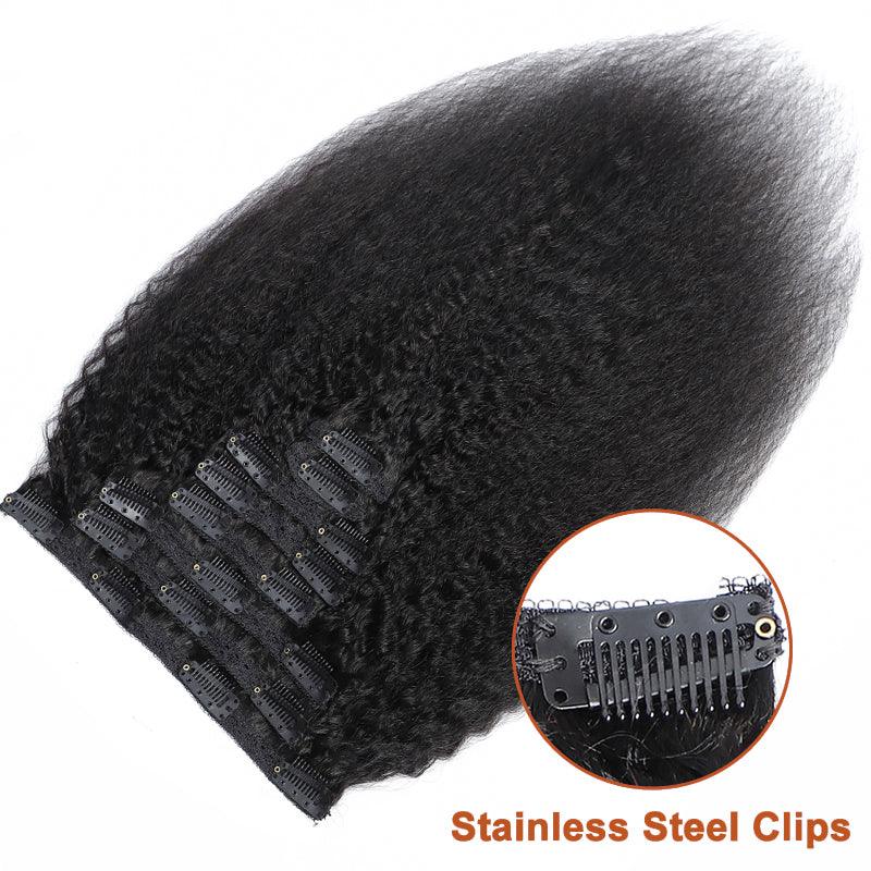 JYZ Kinky Straight Clip in Hair Extensions for Black Women Brazilian Virgin Human Kinky Hair Clip ins Natural Black Color 8 Pcs with 18 Clips,120 Gram - JYZ HAIR