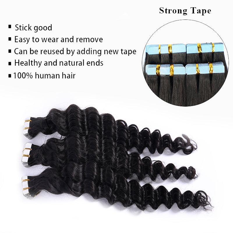 JYZ Loose Deep Wave Hair Extensions Tape in Human Hair Tape on Curly Hair Extensions Natural Tape in Hair Extensions - JYZ HAIR