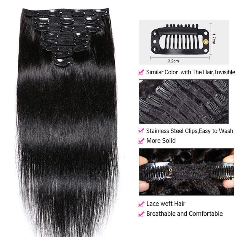 JYZ Straight Clip in Hair Extensions Human Hair 8pcs Per Set with 18 Clips Double Weft Clip in Human Hair Extensions Brazilian Virgin Human Hair Natural Black Color For Women - JYZ HAIR