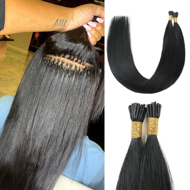 JYZ I Tip Human Hair Extensions Jet Black Keratin Hair Extensions Remy Straight Stick Tip Real Human Hair Extensions #1B Natural Black 1g/Strand - JYZ HAIR