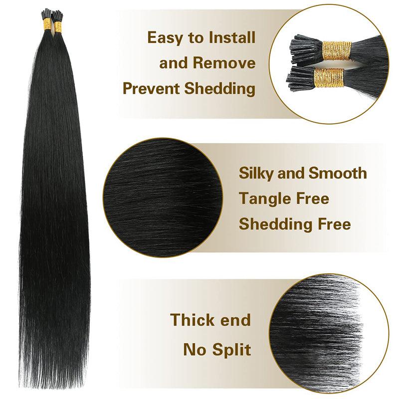 JYZ I Tip Human Hair Extensions Jet Black Keratin Hair Extensions Remy Straight Stick Tip Real Human Hair Extensions #1B Natural Black 1g/Strand - JYZ HAIR