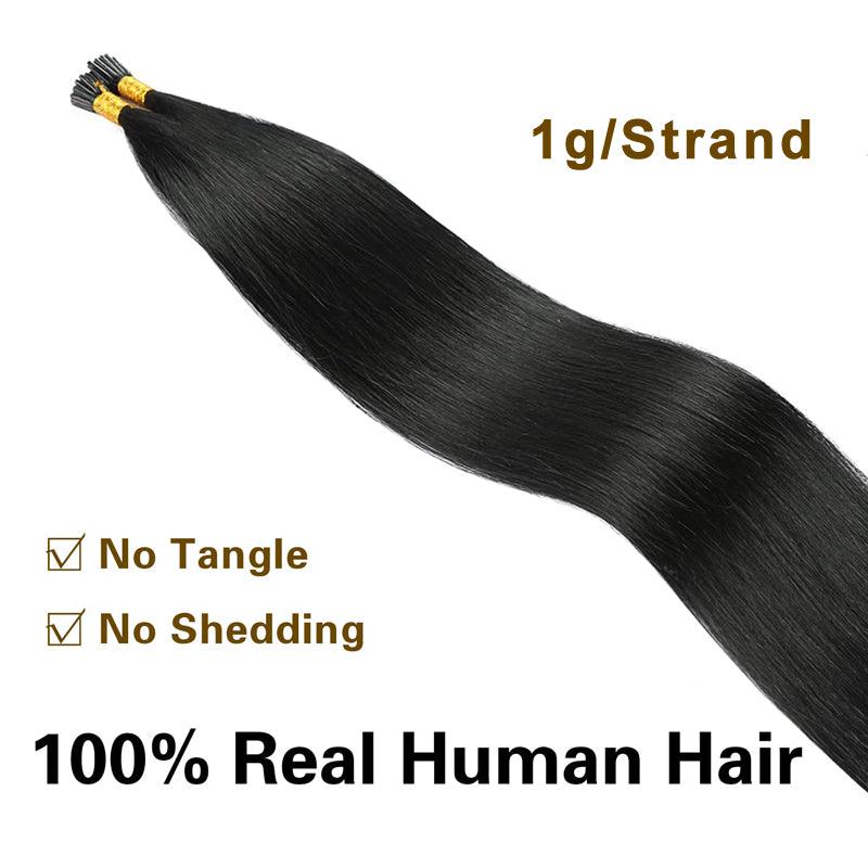 JYZ I Tip Human Hair Extensions Jet Black Keratin Hair Extensions Remy Straight Stick Tip Real Human Hair Extensions #1B Natural Black 1g/Strand - JYZ HAIR